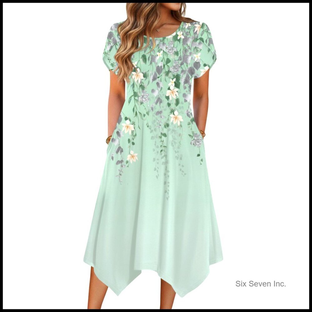 Polyester Blend Casual Midi Dress with Pockets Short Sleeve Flowy